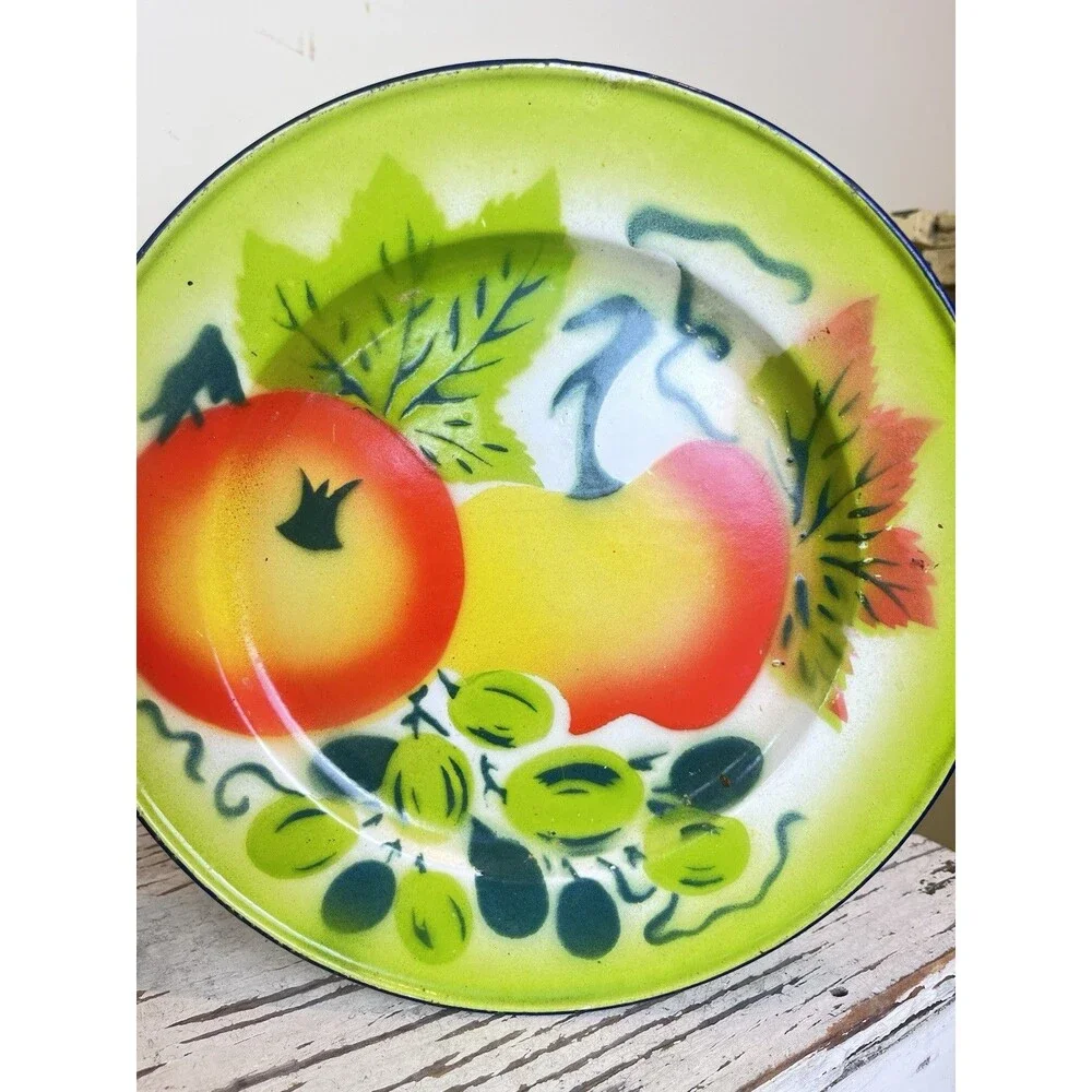 Vintage Graniteware Plates (Set Of 2) Fruit Design Farmhouse Kitchen Decor Retro